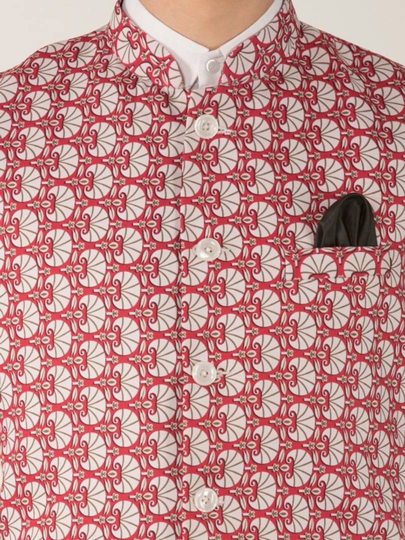 Men's Red Viscose
 Printed Nehru Jackets